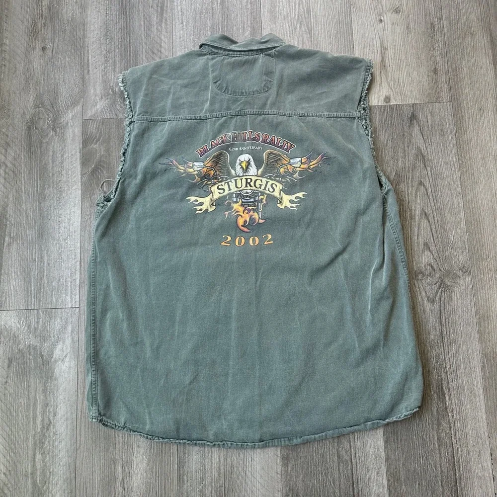 Vintage Sturgis 2002 Black‎ Hills Rally Denim Vest Men's L Biker Cut-Off Shirt